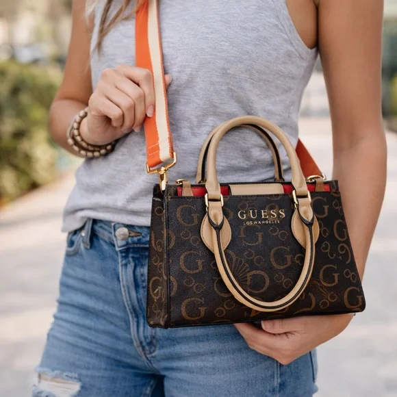 Guess Brown Monogram Mini Satchel Crossbody - Picture 2 of 15